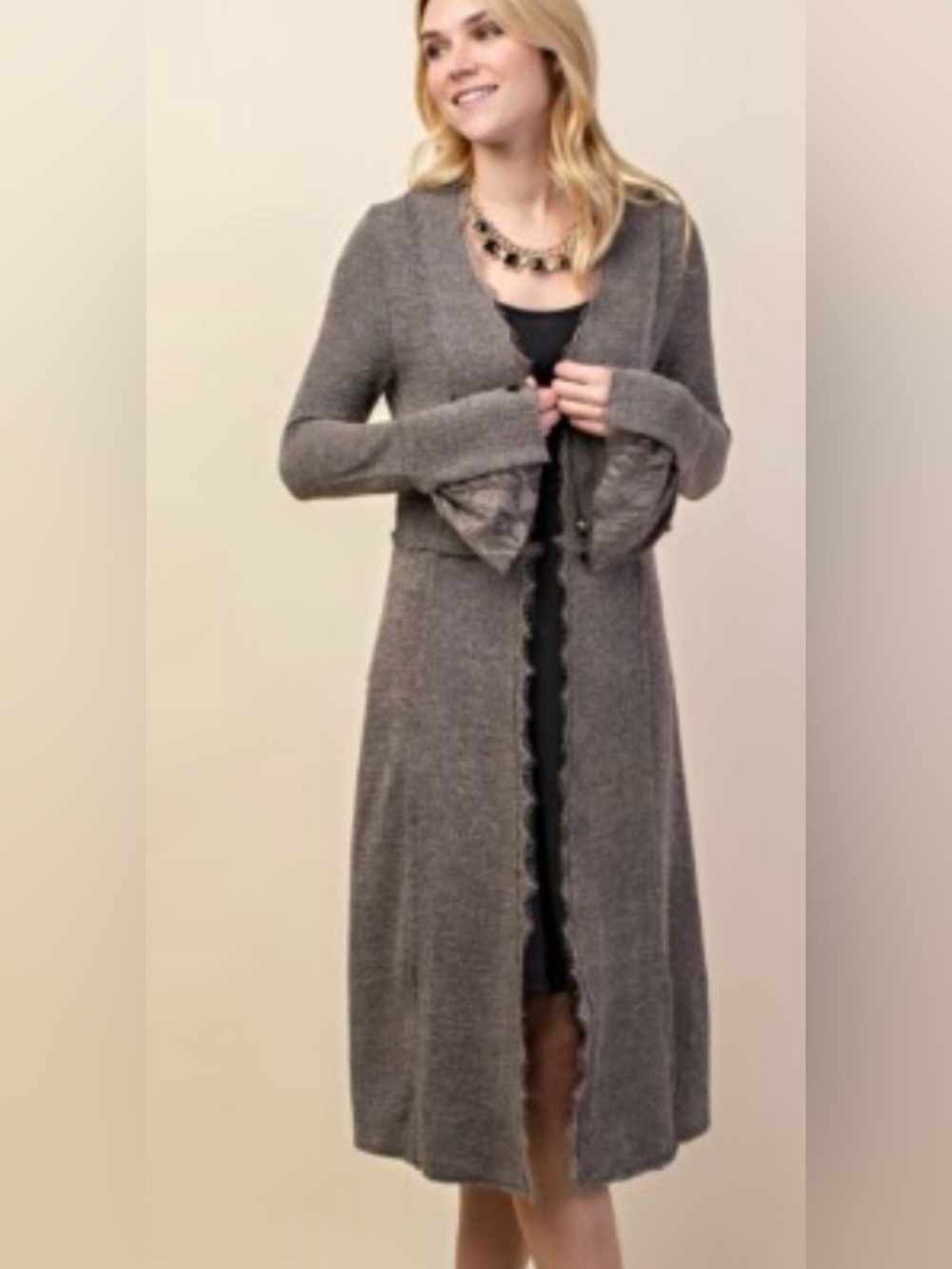 VOCAL Long Gray Open-Front Studded Cardigan with lace accents